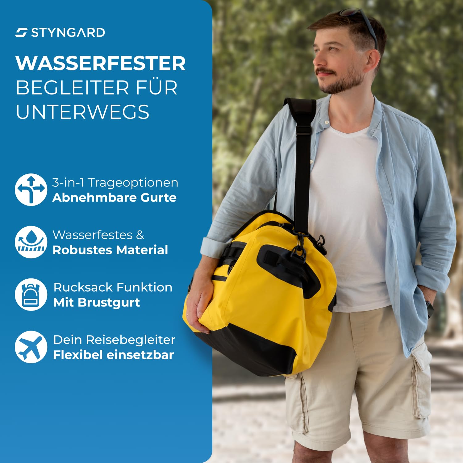 STYNGARD Reisetasche wasserdicht mit Rucksackfunktion [60l] - Sporttasche mit Rucksackfunktion wasserdichtes Material - 3in1 Duffle Bag 60l als Segeltasche und Seesack - Modell Hamburg (Gelb, 60L)