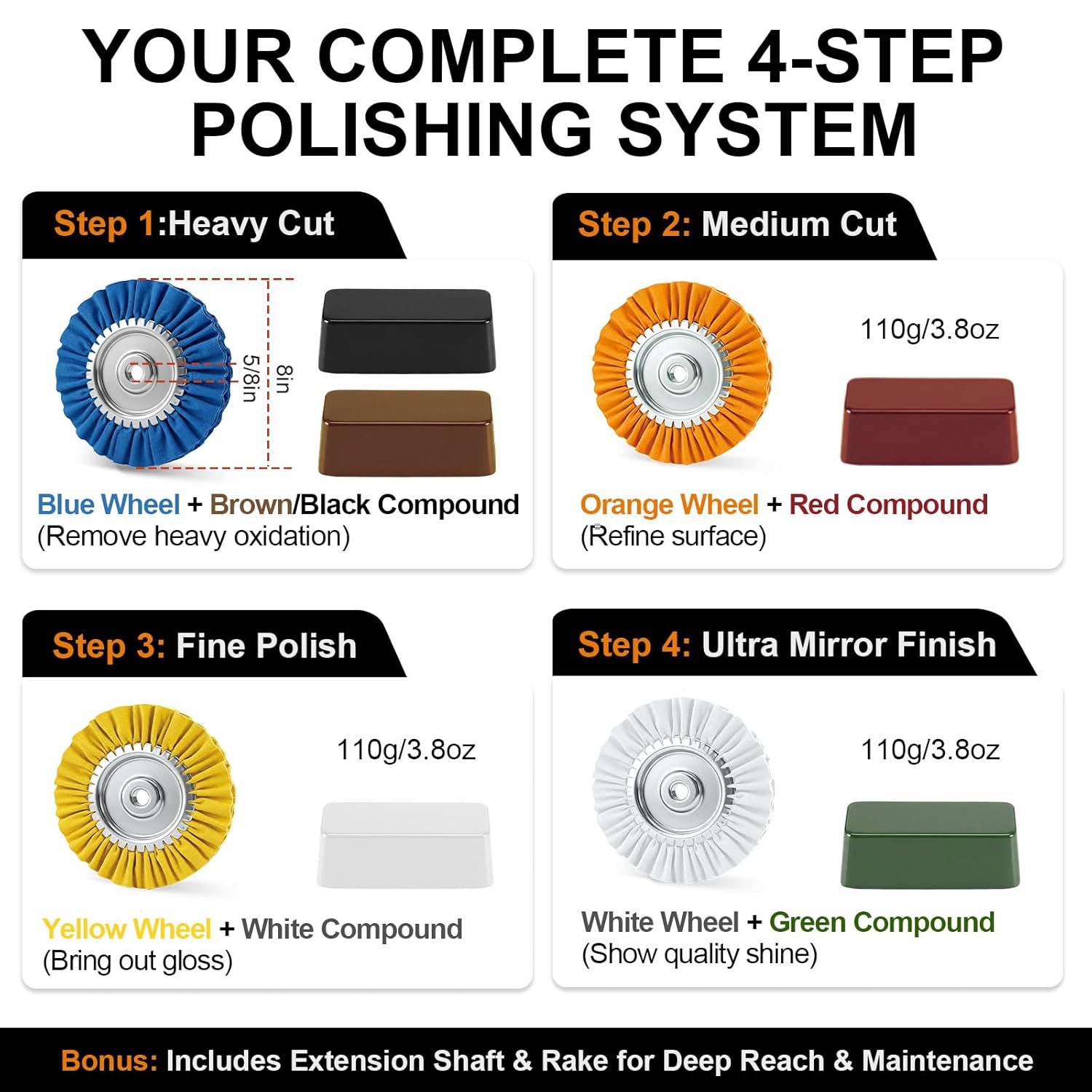Upgrade 8" Airway Buffing Wheel, 11Pcs Aluminum Polishing Kit, Flange-Free Installation, 5/8" Arbor Hole Aluminum Metal Wheel Polishing Kit with Extension for Angle Grinder Mirror Finish
