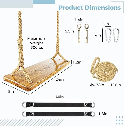 Miniatura 6 de Columpio de madera para árbol, columpio de madera para adultosniños con capacidad de carga de 500 libras, cuerda de cáñamo ajustable y correas de