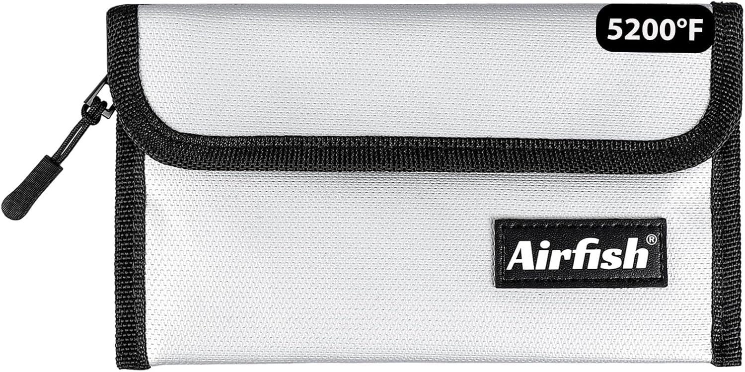 Airfish Feuerfeste Geldtasche, 12,7 x 20,3 cm, feuerfeste Brieftasche, wasserdichte Geldtasche mit Reißverschluss, kleine feuerfeste Geldtasche für Wertsachen