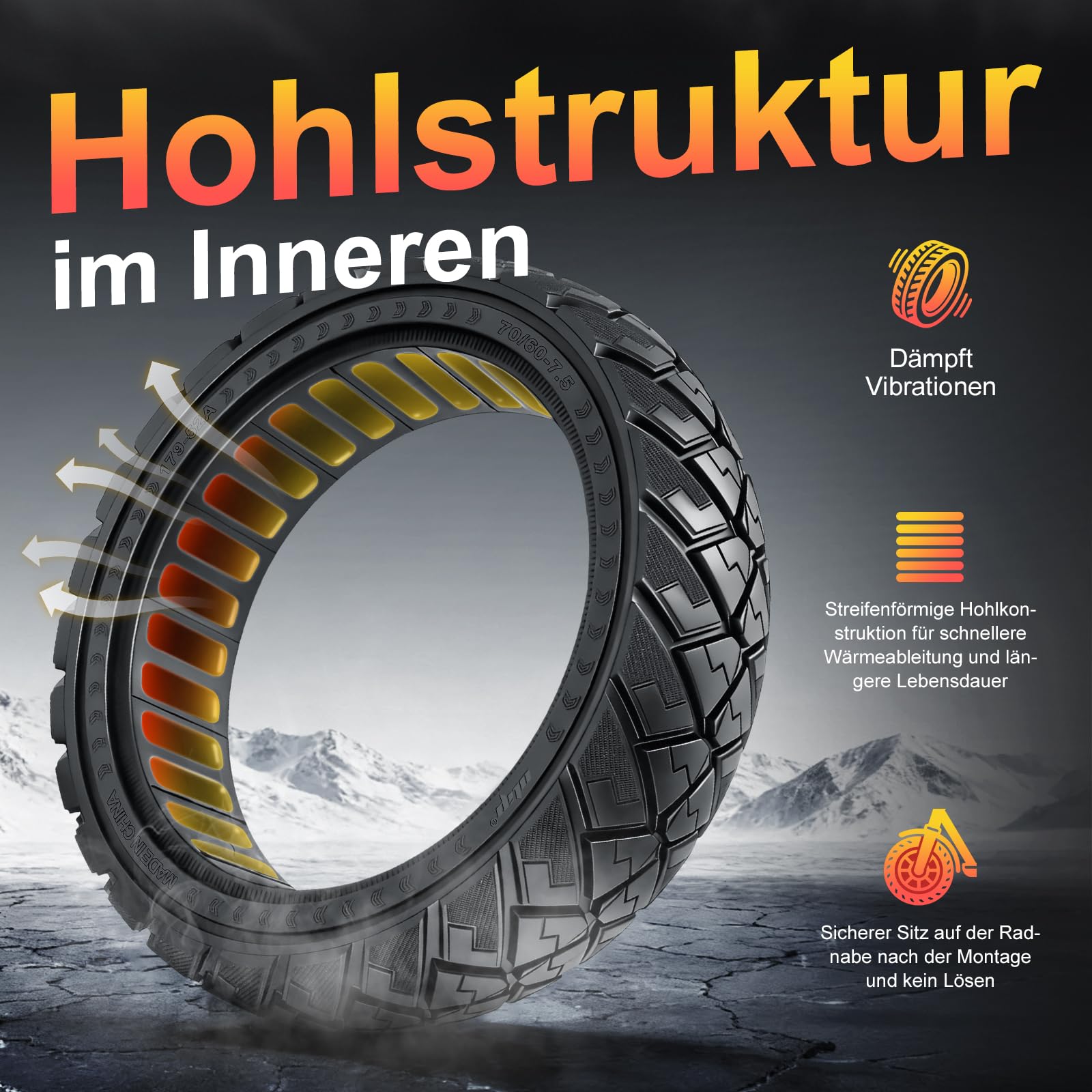 70/60-7,5 Vollreifen für Segway ZT3 Pro D, ZT3 Pro E, ZT3Pro, für Ninebot MAX G3 D Elektroroller Ersatzreifen Vollgummireifen Anti-Rutsch Off-Road Solide Reifen Pannensicher (1 Stück)