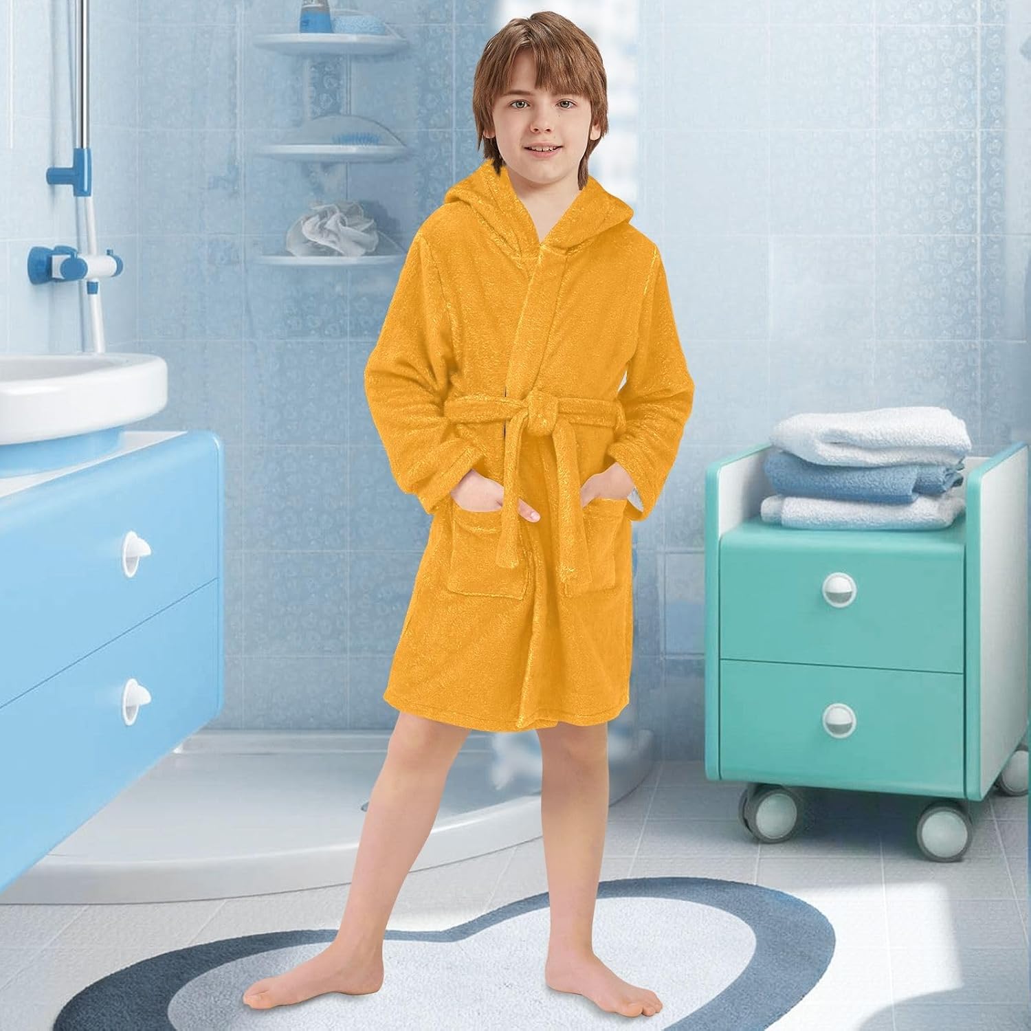 Marigold Kids Bathrobe, Soft Plush Hooded Towel Robe for Boys Girls, Quick Dry Swim Beach Bath Robes