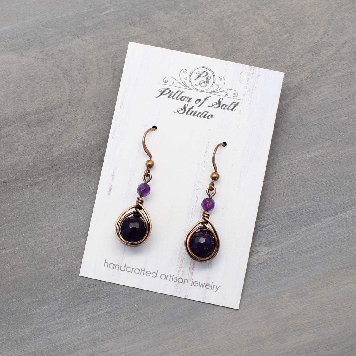 Pillar of Salt Studio Handcrafted Solid Copper Earrings with Dark Amethyst Gemstone (Antiqued Copper, 1" drop)