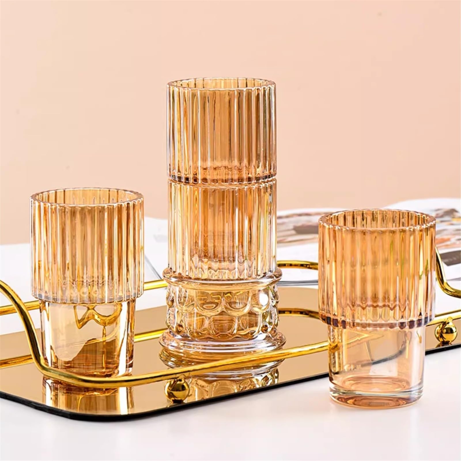 Bicchiere Set di 4 bicchieri color ambra, in vetro goffrato impilabili a forma colonna romana Per uso domestico