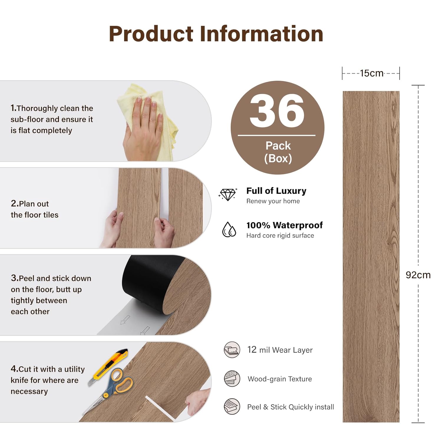 INMOZATA Peel and Stick Floor Tile, 36Packs 54 Sq. Ft Vinyl Flooring Plank 36"x 6" Peel and Stick Vinyl Flooring Tile Waterproof Wood Grain for Bedroom, Living Room, Kitchen, RV(Smoke Oak)