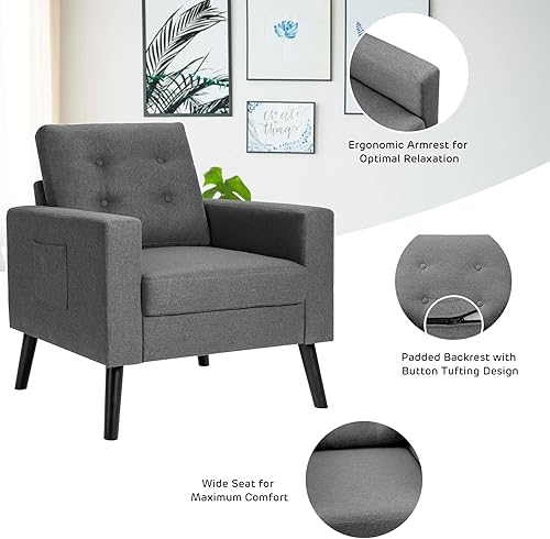 Miniatura 7 de KOMFOTT Silla decorativa tapizada moderna, con botones y patas de madera de goma, sofá individual con bolsillos laterales, sillón decorativo de tela