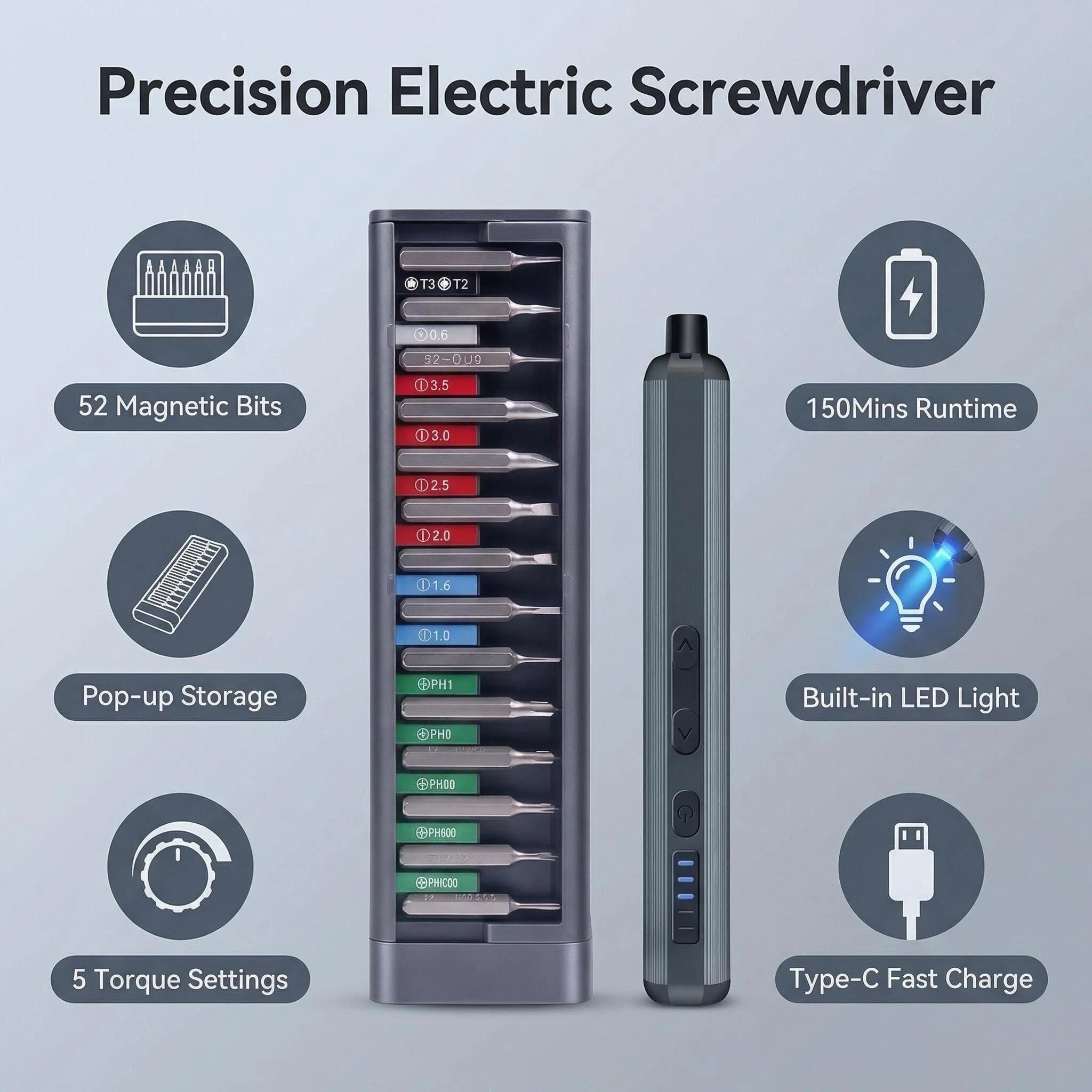 Ultra Mini cacciavite elettrico, avvitatore senza fili, max 0,6 N.m, 52 punte magnetiche, esagonale 5/32 pollici, archiviazione magnetica, strumento di riparazione per elettronica, fotocamera