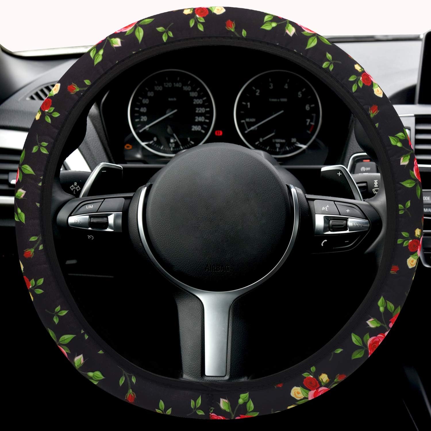NICEASY 14.5-15 inch Black Soft Cloth Steering Wheel Cover, with Rose, for Women,Girls