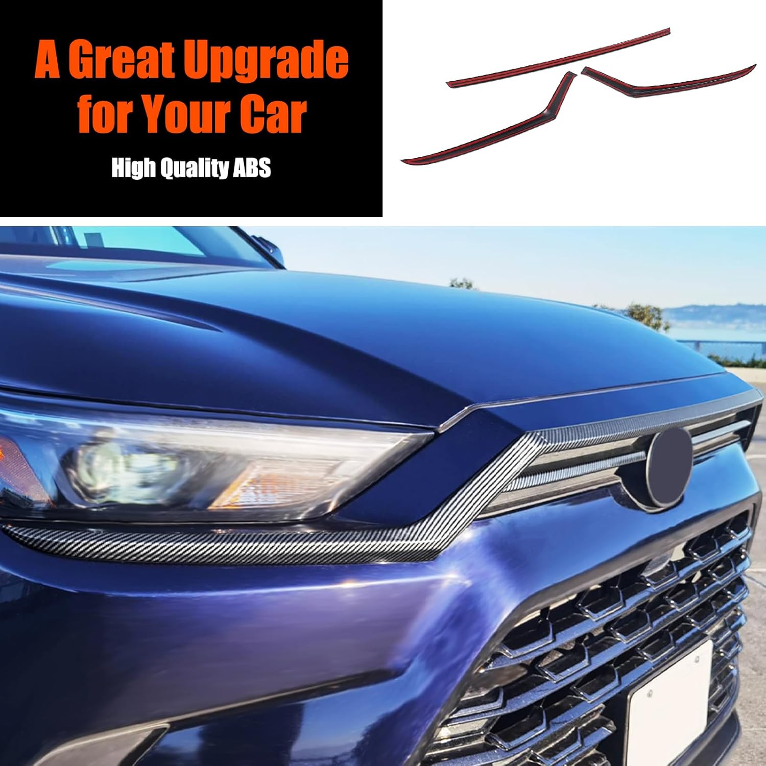 Car Front Bumper Upper Strips Cover Trim Compatible with Toyota Grand Highlander 2024 2025 2026,ABS Front Bumper Left and Right Molding Cover Trim Exterior Accessories 3PCS (Carbon Fiber Pattern)