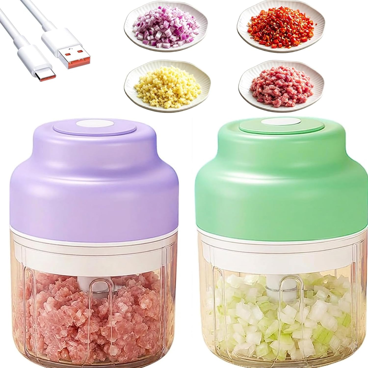 Mini Electric Garlic Chopper & Mini Portable Veggie Chopper, Household Electric Garlic Crusher, 6 Blades Electric Food Chopper for Garlic, Onion, Ginger, Chili, Spices and Fruit (Purple+Green)