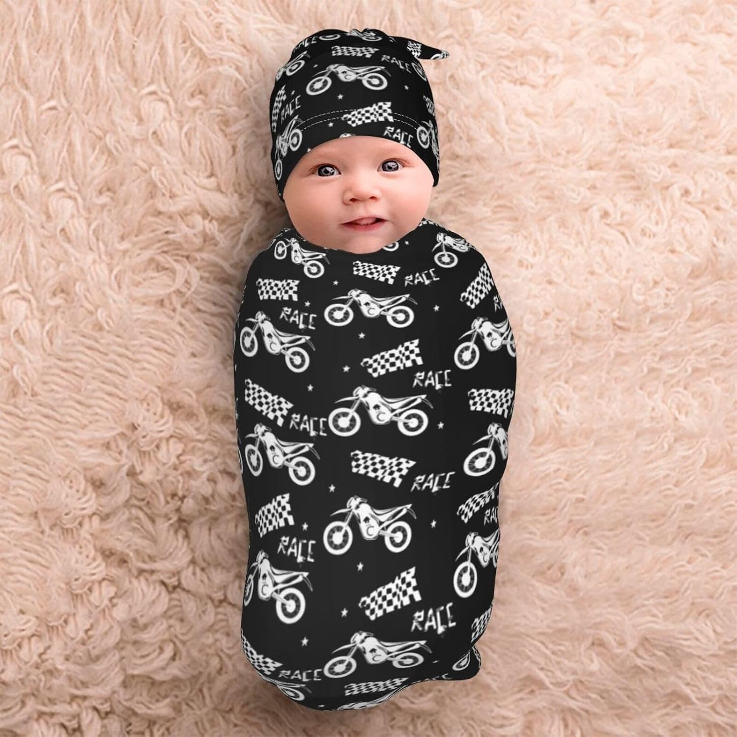 Motorcycle Baby Stuff Newborn Baby Swaddle Blanket with Beanie Hat,Swaddle Blanket Gifts for Infant Shower Boys Girls