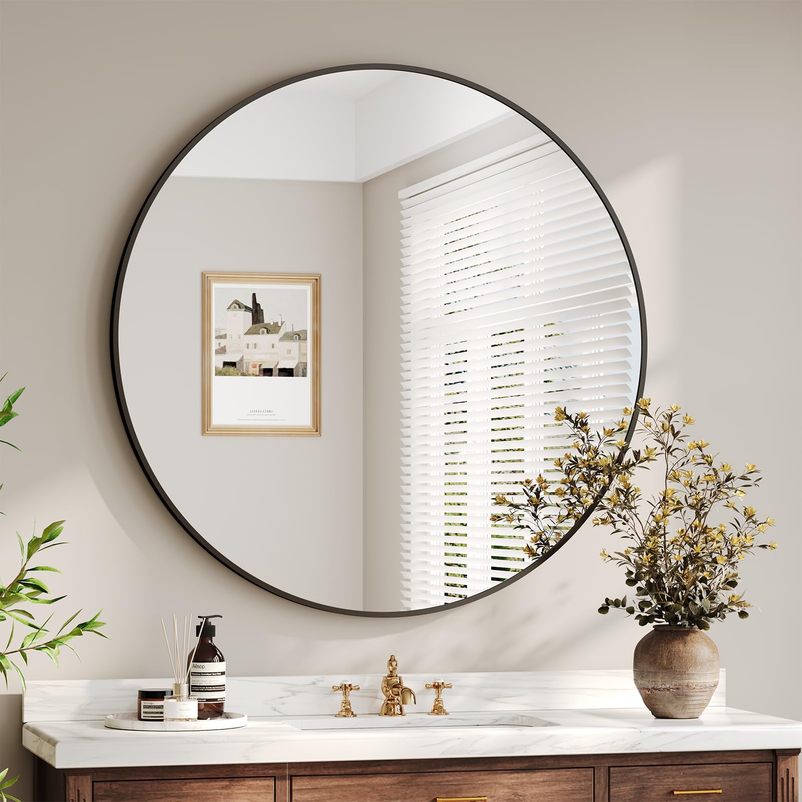 Dripex 80cm Round Wall Mirror, Aluminum Frame Tempered Glass Circle Mirror, Large Decorative Hanging Vanity Mirror for Bathroom, Hallway, Living Room & Bedroom, Black