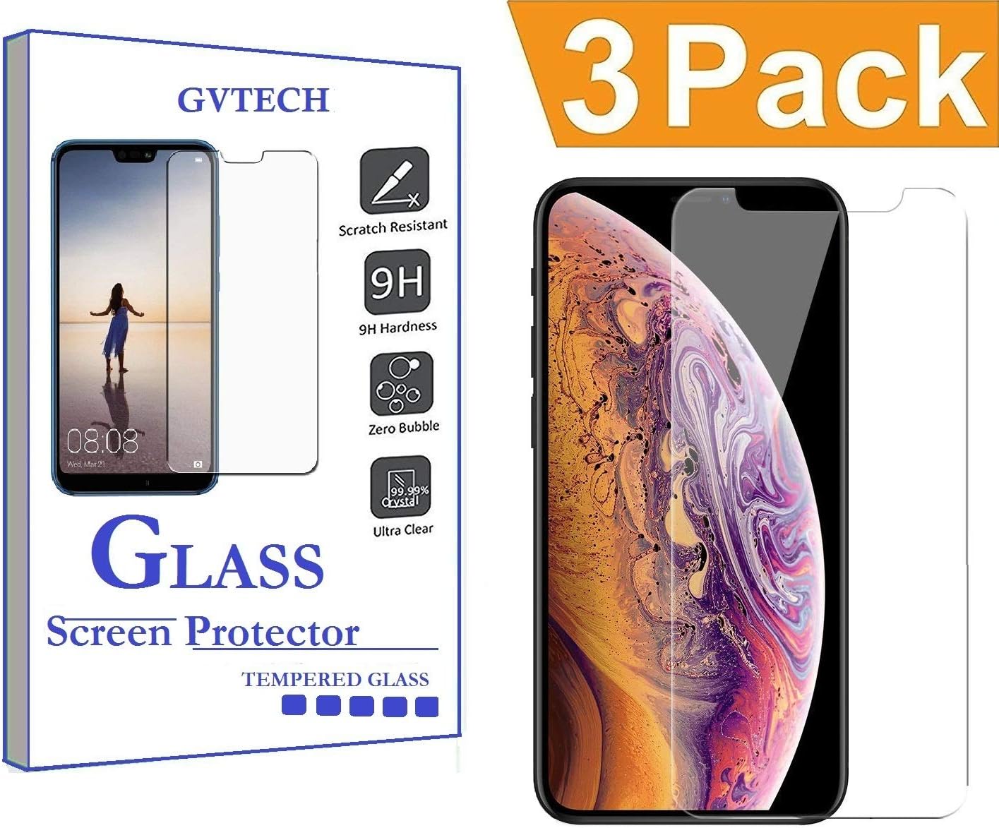 GVTECH for iPhone XS Max 6.5" 2018 Screen Protector, Tempered Glass Screen Protector[0.3mm, 2.5D][Bubble-Free][9H Hardness][Easy Installation][HD Clear] for Apple iPhone XS Max 6.5" 2018(3 Pack)
