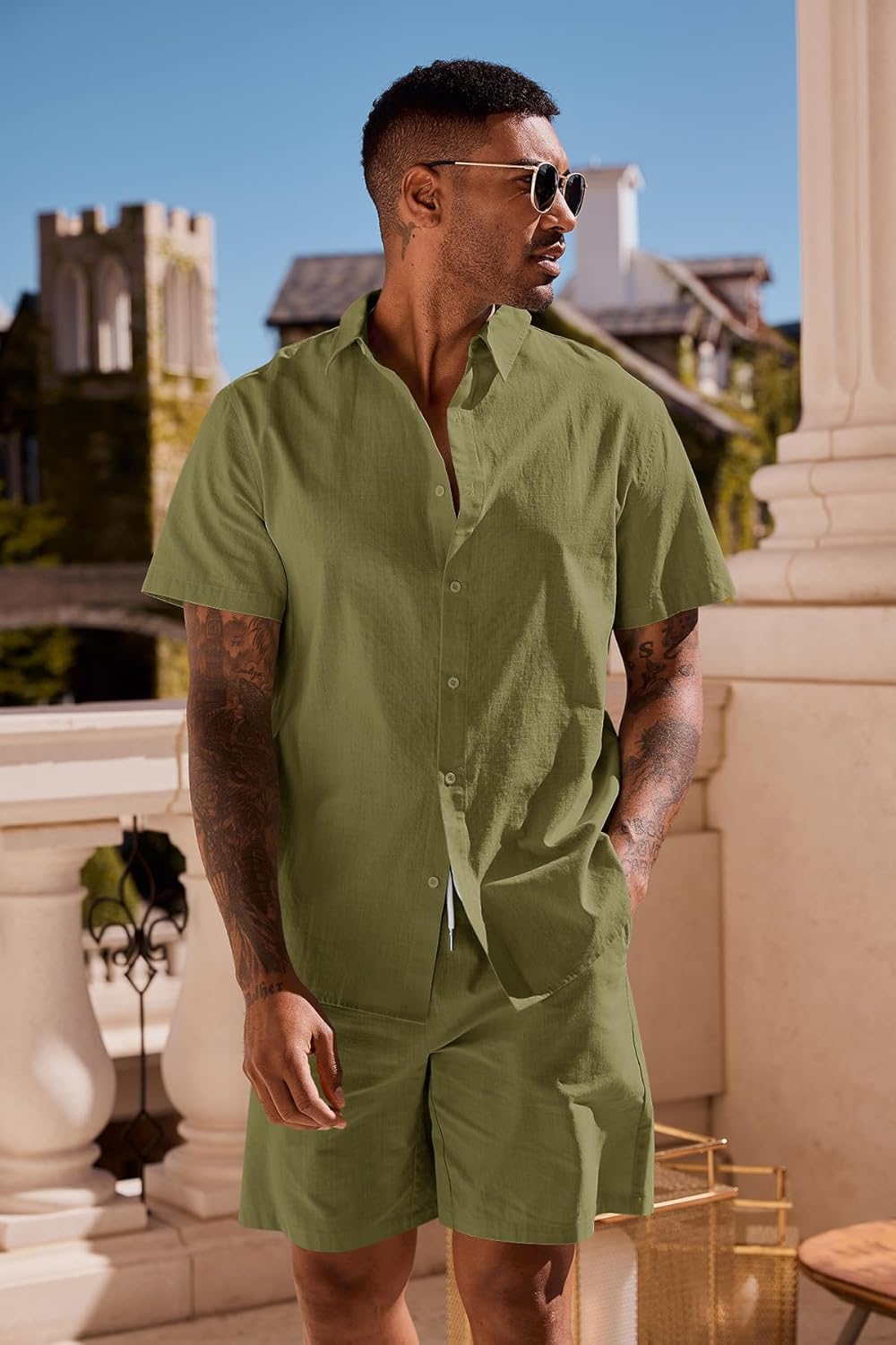 Runcati Mens Summer Beach Outfits 2 Piece Short Sleeve Sets Button Down Linen Cotton Shirts and Shorts Casual Vacation Set - Image 2