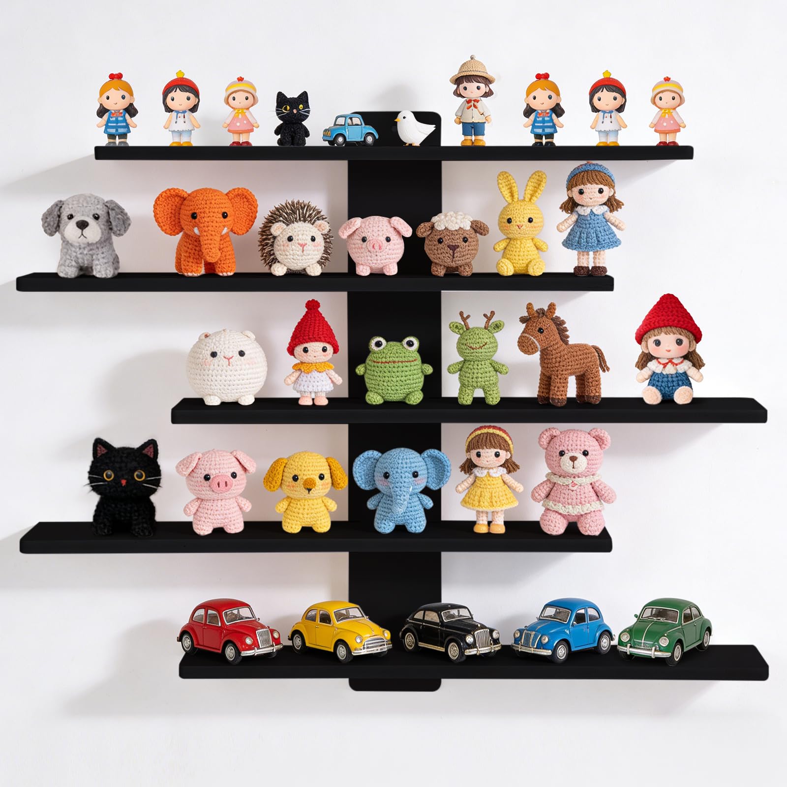 Plliocse 5-Tier Floating Wall Mounted Shelves Blcak Small Wood Display Shelves Rack Decorative Wall Shelves for Kitchen Bedroom Living Room Bathroom
