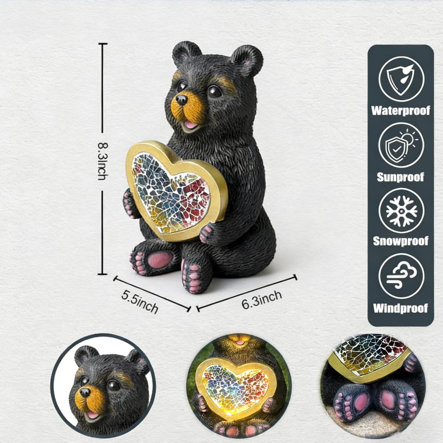Solar Garden Sculpture: Unique Resin Black Bear Holding a Heart Outdoor Mosaic Solar Light Ideal for Gardens, patios, and courtyards Gift or Decorative piece-Black