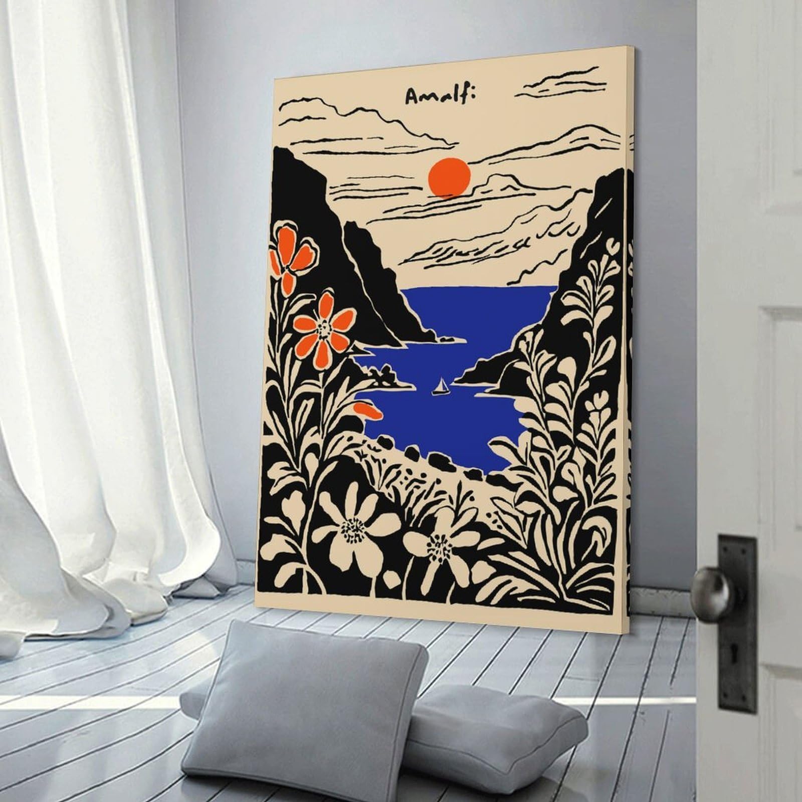 Junmoney Amalfi Coastline with Sailboat And Flowers Canvas Wall Decor, 12x18inch(30x45cm), for Gallery Wall Decor And Room Displays, Wall Decor Suited to Curated Displays