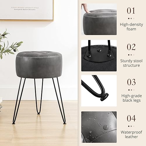 Miniatura 6 de LUE BONA Faux Leather Vanity Stool Chair for Makeup Room, Grey Stool for Vanity, 19 Height, Tufted Small Vanity Chair Stool with Metal Legs, Modern