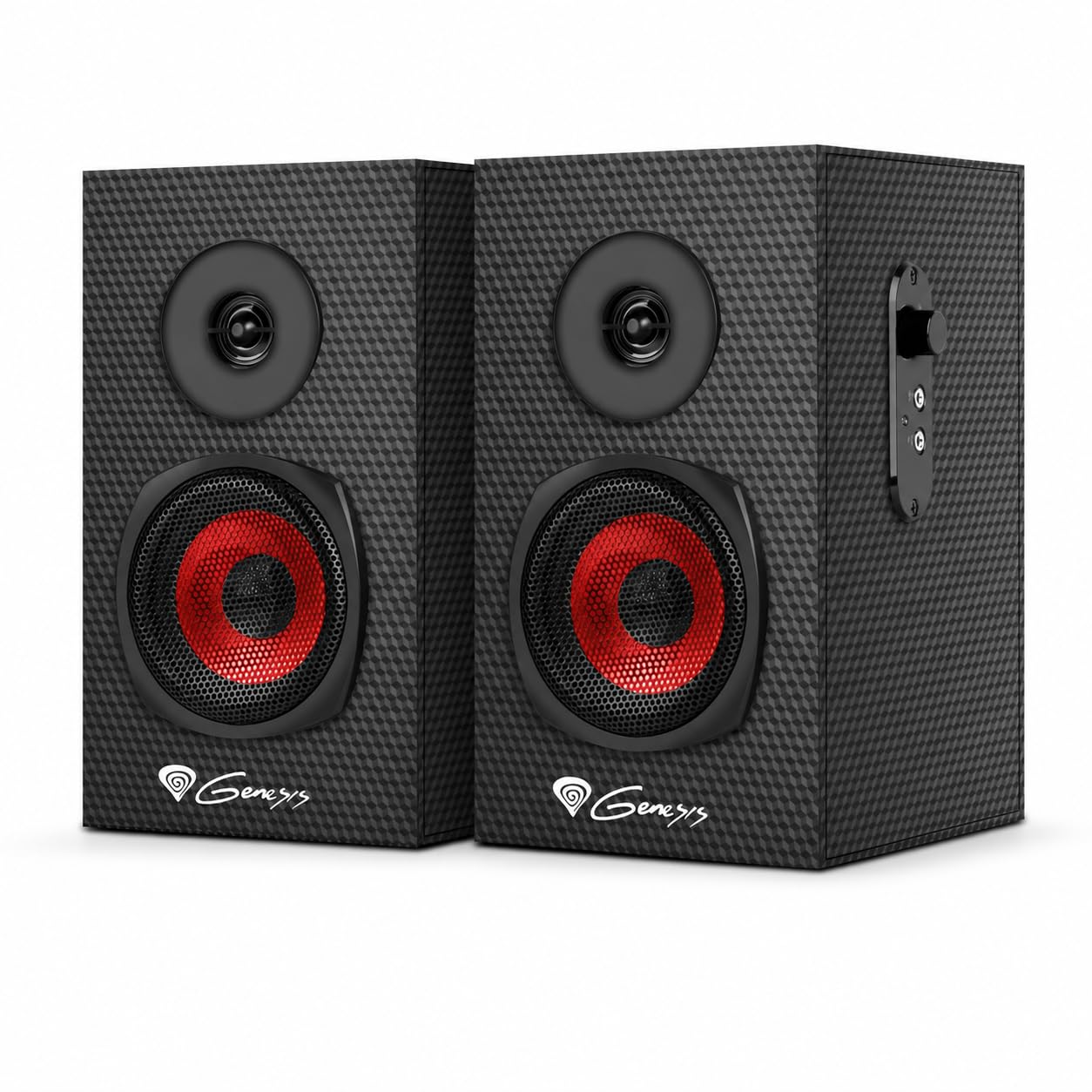 Genesis Helium 200 PC Lautsprecher 2.0 Schwarz/Rot, kabelgebundene Gaming Lautsprecher 20W RMS, Computer Lautsprecher mit Mini Jack 3,5 mm, Kopfhörerausgang, Holzgehäuse, Lautstärkeregler