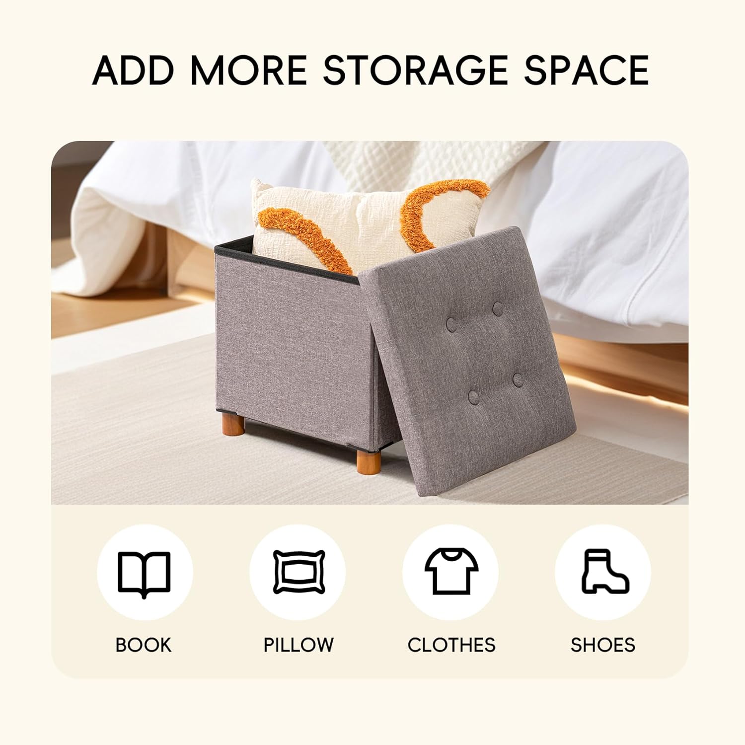 PINPLUS Storage Ottoman Cube, White Linen Footrest with Wooden Legs, Foldable Fabric Footrest, Comfortable Seat with Lid, Ottoman with Storage for Living Room, 15" x 15" x 15"，Grey