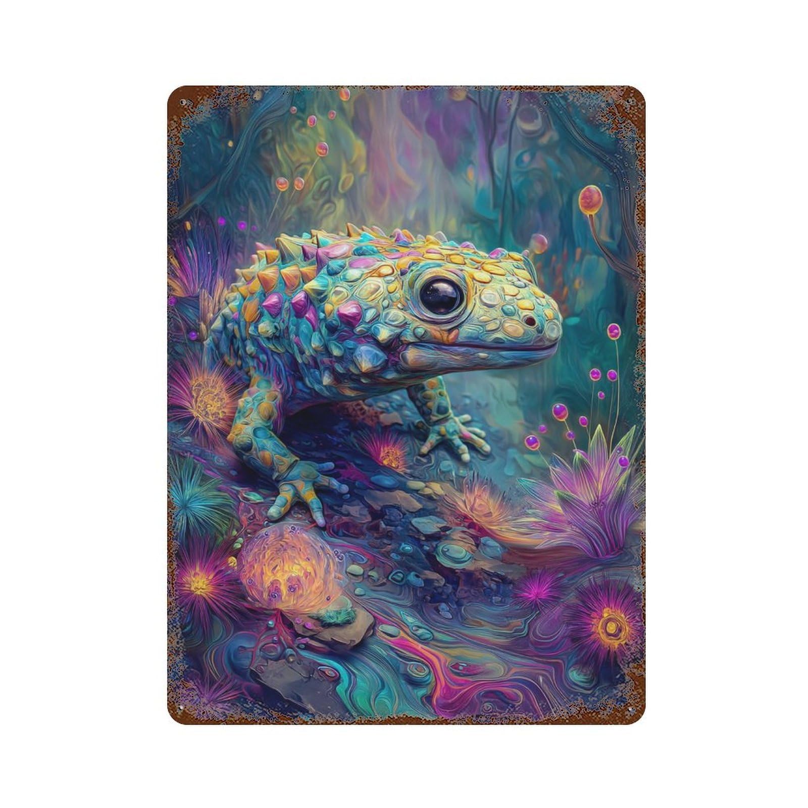 Colorful Fantasy Toad Scene Weathered Tin Sign 15.7"x11.8", Rustic Home Decor for Garage, Bar And Workshop Decor