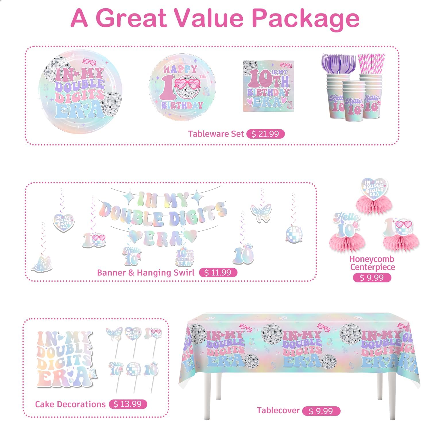 225pcs 10th Birthday Decorations for Girl, Double Digits Birthday Girl Thickened Plates and 2 Tablecloths for Parties and Gatherings In My Double Digits Era Tableware Set Serves 25