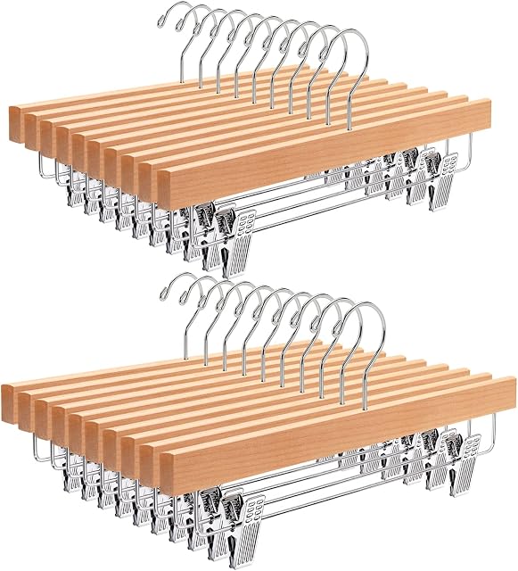 Amber Home 35.5cm Natural Wooden Pants Hangers 20pcs, Smooth Wood Skirt Hanger Organizer with Adjustable Anti-Slip Clips, Space Saving Solid Clothes Hangers Rack for Bottoms Jeans Slacks Trousers