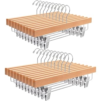 Amber Home Pack of 20 35.5 cm Natural Wooden Hangers Robust and Shiny Trouser Hangers for Trousers Shorts Skirt Socks Underwear with Non-Slip Clips and Rotating Hooks