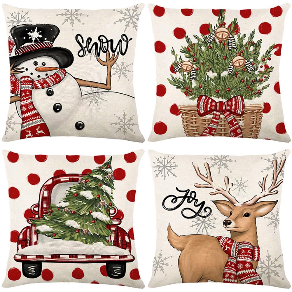 BCKAKQA Set of 4 Christmas Throw Pillow Cases 18 x 18 inches Red Xmas Cushion Covers 45x45cm Linen Square Throw Pillow Covers for Living Room Bedroom Sofa Couch Bed Cushion Cases