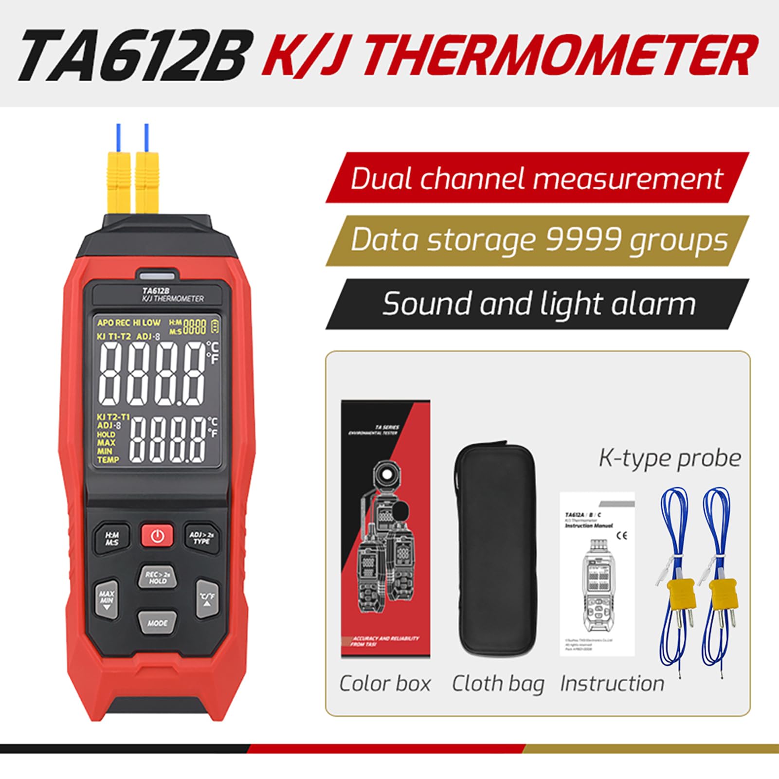Hochpräzises Digitales K/J-Thermoelement-Thermometer mit Datenspeicher – Perfekt für Labor- und Industrieumgebungen (TA612B)