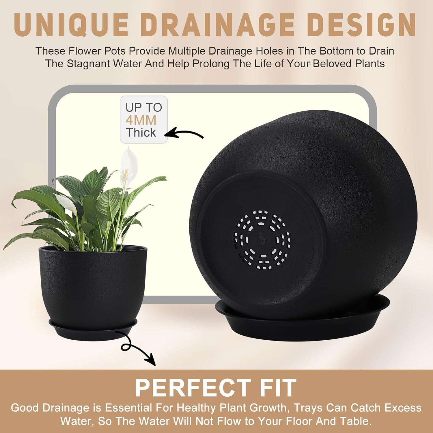 植木鉢 10/9/8/7.5/7インチ 5個セット、マルチメッシュ排水穴付き植木鉢、屋内/屋外/庭の植物や花用プランター(ブラック)