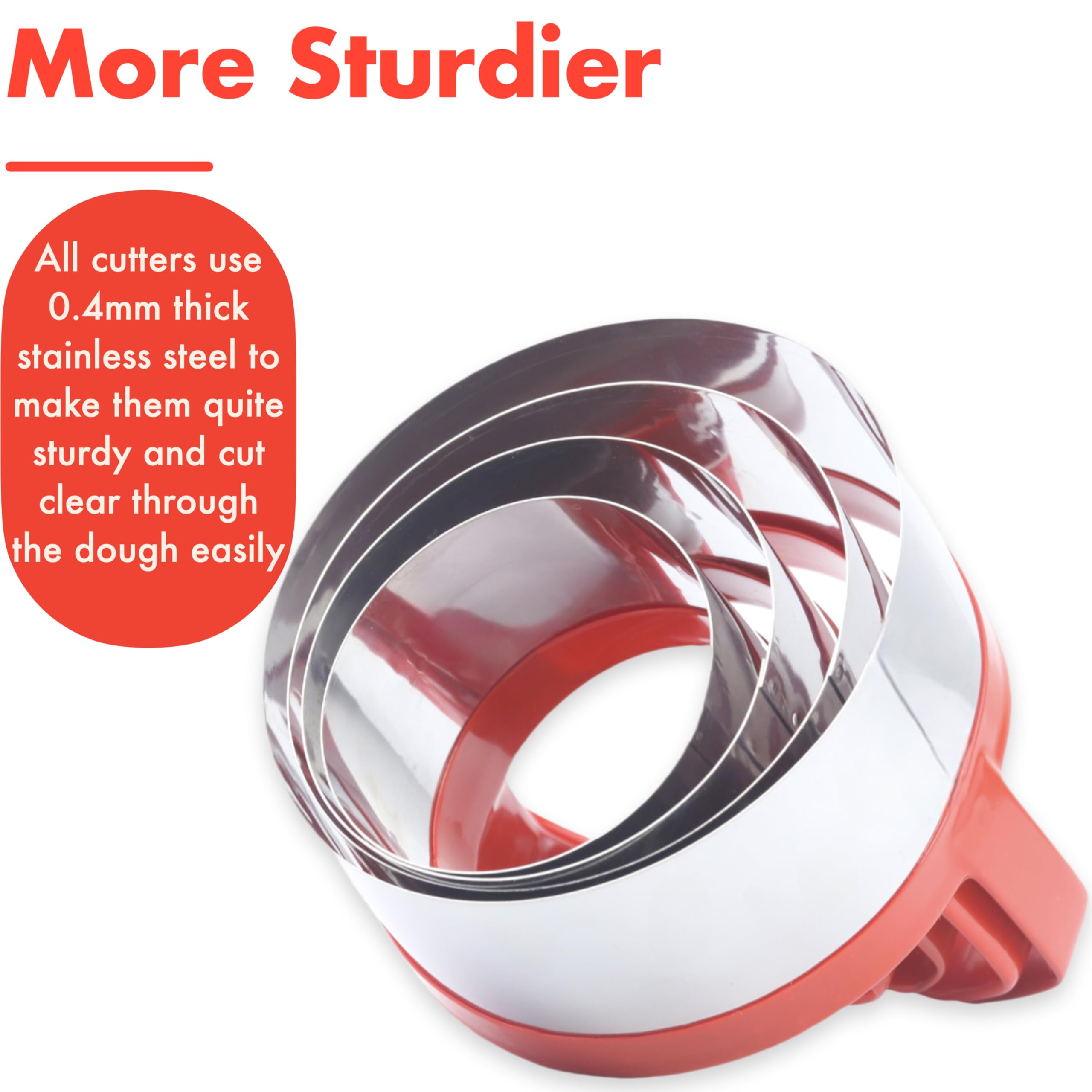 4 Stück Runde Keks- & Keksausstecher Set - Ergonomisches Design, roter Silikongriff, 0,4 mm Edelstahl, ideal für Backspaß-Leckereien, Größen 6,3 cm, 7,6 cm, 8,9 cm, 10,2 cm