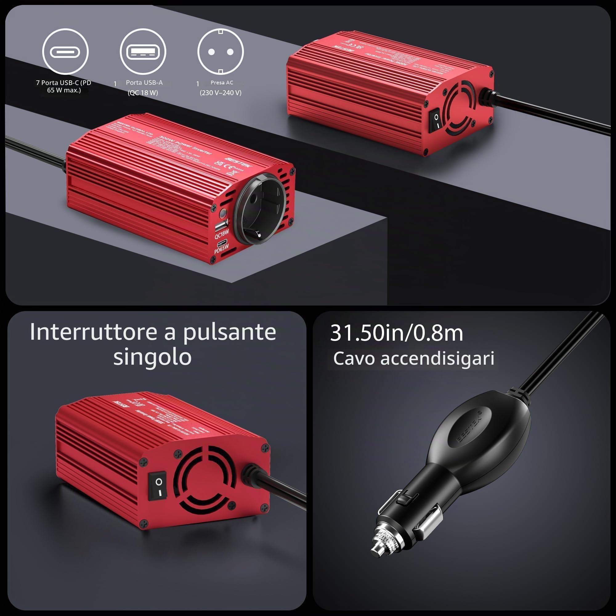 BESTEK 300W Inverter 12v 220v 230V 240V,Inverter Auto con Prese AC 2 USB-C (65 W e 30 W) 2 USB-QC (18 W),Convertitore Potenza per Camper/Barca a Onda Sinusoidale Modificata