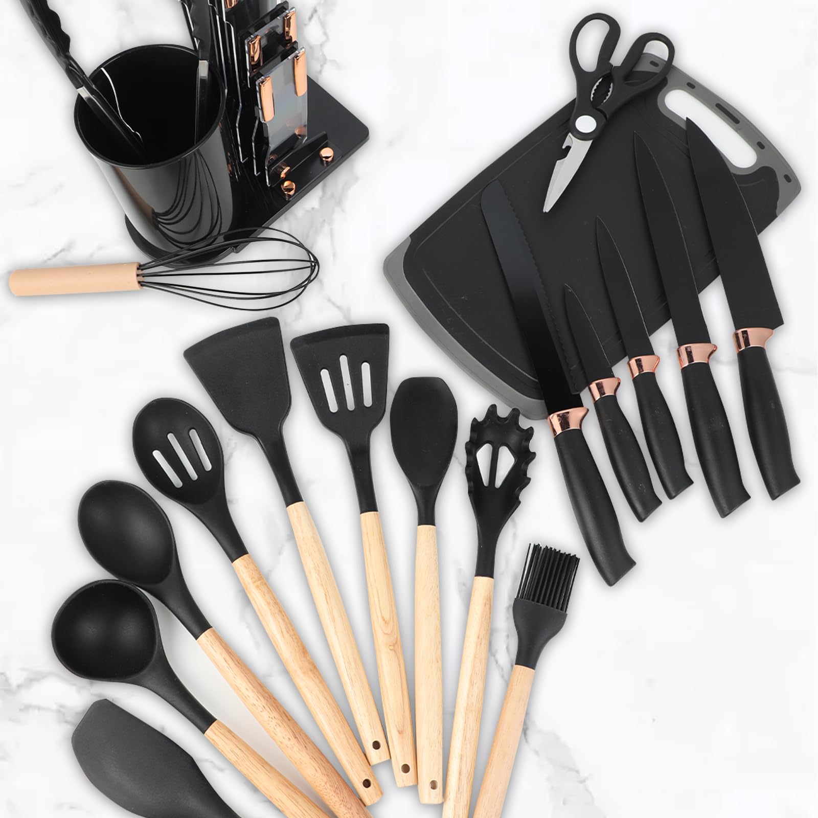 Set di 19 coltelli da cucina, in silicone, con 12 utensili da cucina, 5 coltelli, tagliere e supporto, lavabile in lavastoviglie (Nero/Bianco)