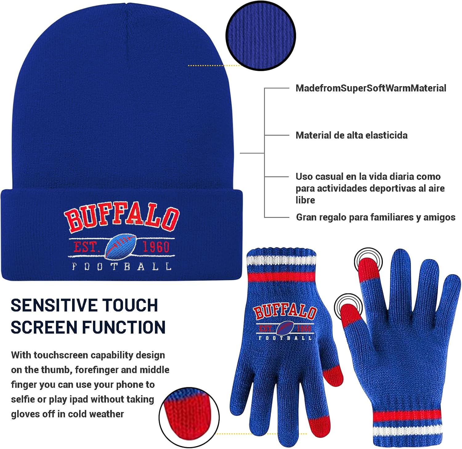 Winter Embroidered Soft Beanie Football Knit Hat With Warm Touch Screen Gloves - Game Day Gifts For Men Women And Fans - Image 4