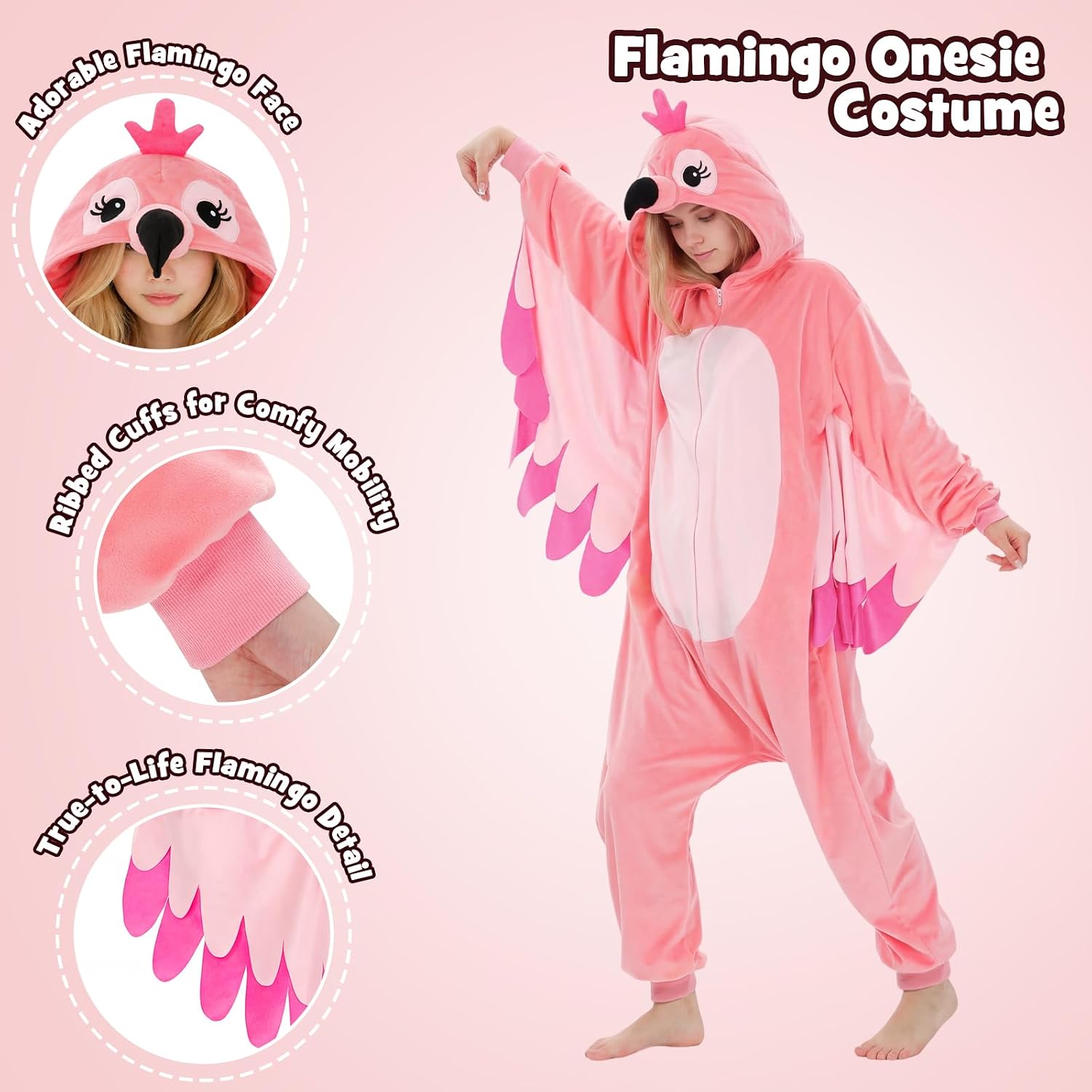 Adult Flamingo Onesie Costume - 3D Hooded Animal One-Piece Pajama for Halloween Men Women