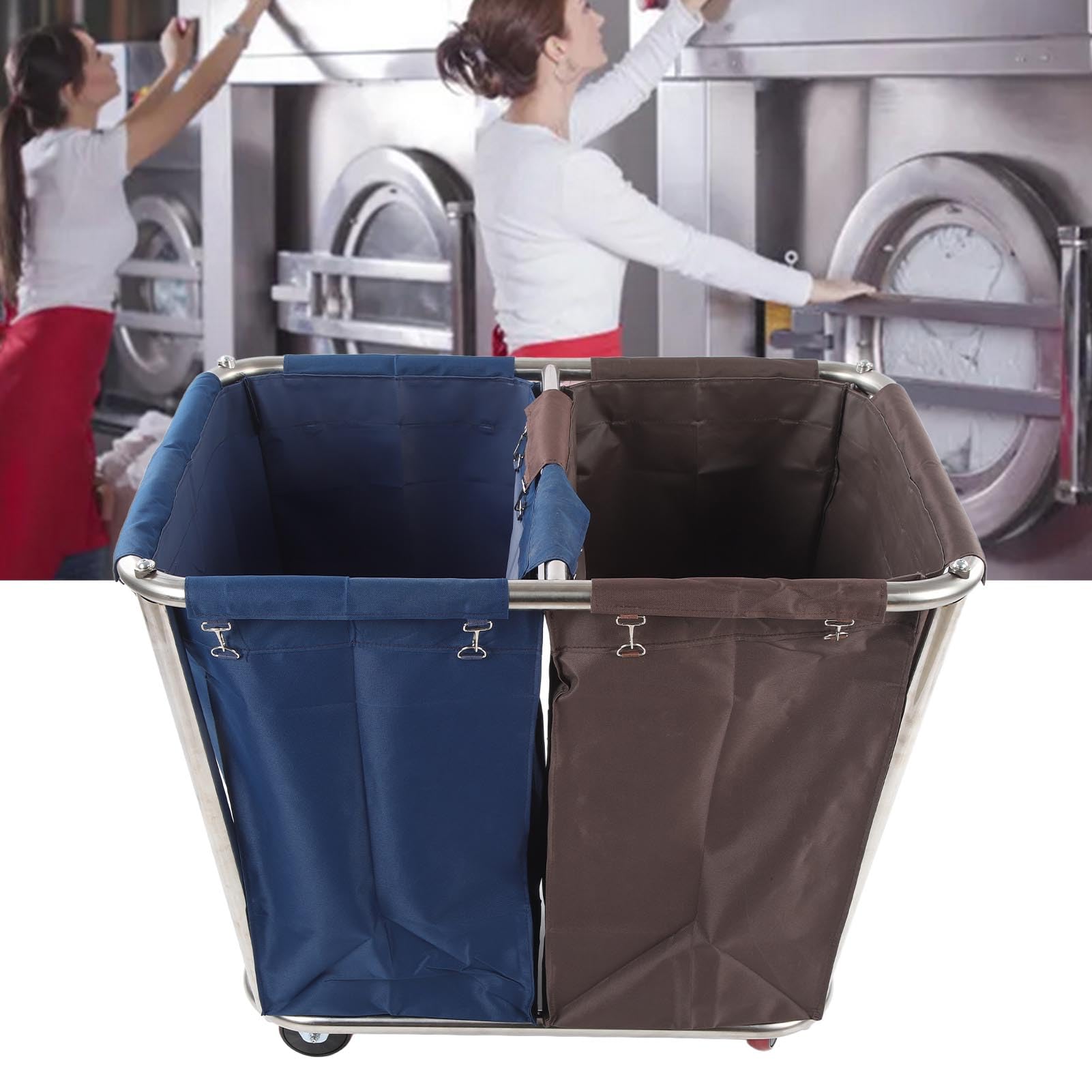 Carrello per Biancheria con 4 Ruote, Acciaio Inossidabile, 2 Sacchi di Stoffa, 350 Litri, Smistamento Secco e Umido, Uso Domestico e Commerciale