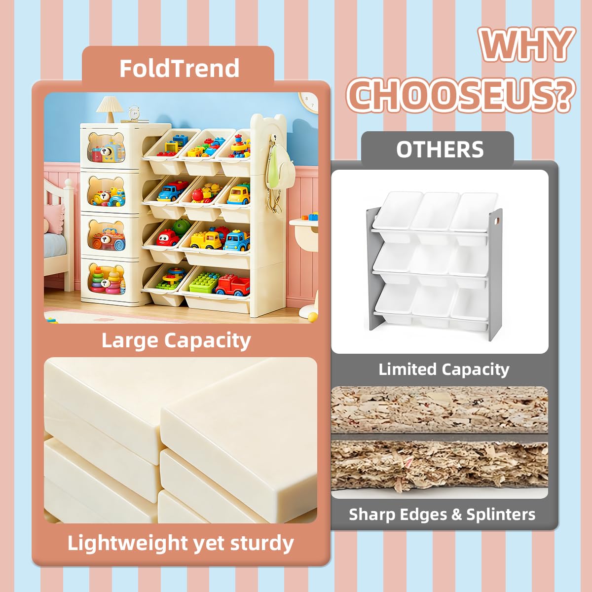 Toy Storage Organizer with 3 Drawers and 7 Bins, 3-Tier Bookshelf with Removable Storage Bins, Cute Bear Cartoon Design, Sturdy Organizer for Playroom, Nursery, Classroom