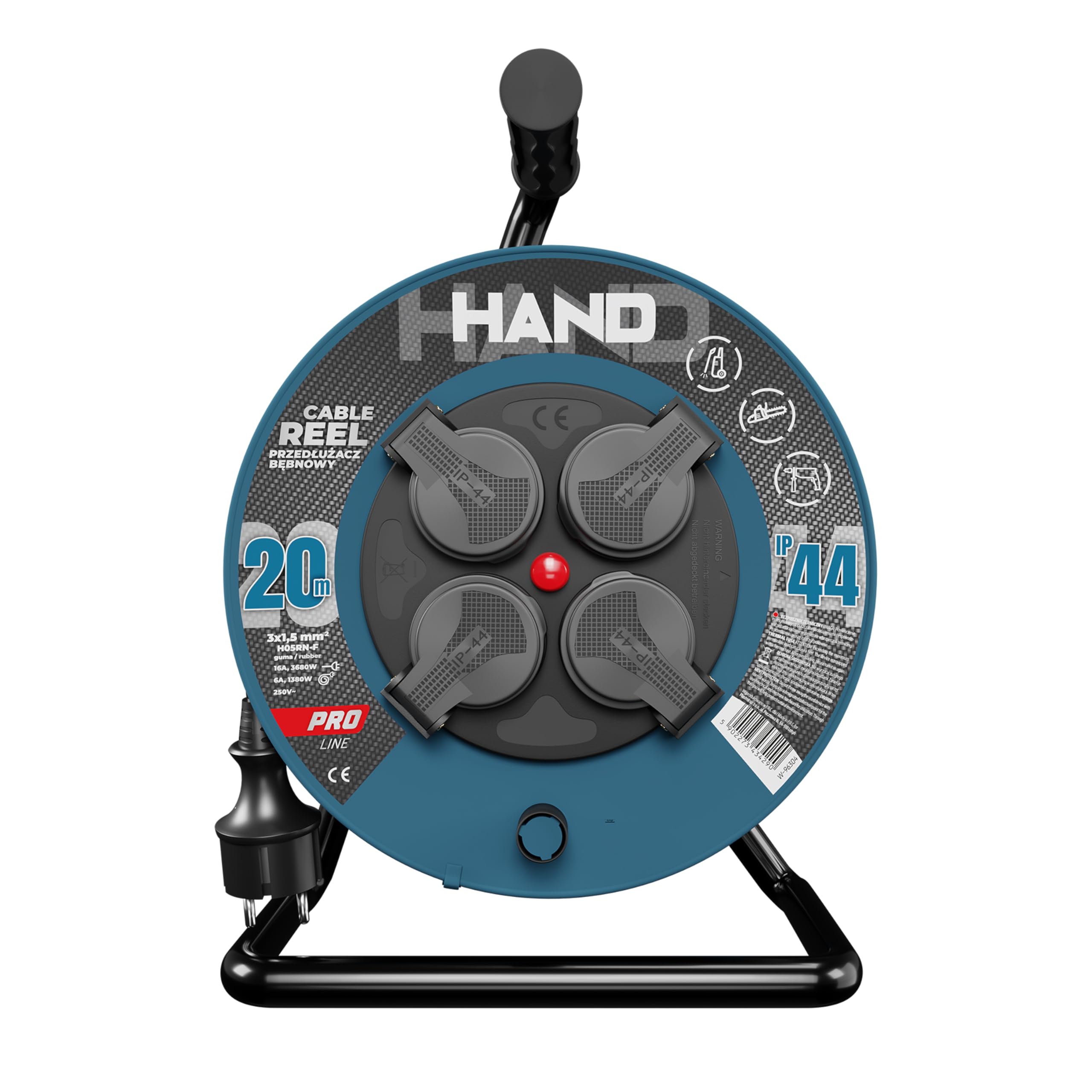 HAND HAND PRO - Carrete de cable (20 m, IP44, H05RN-F, 3 x 1,5, cable de goma para exteriores), color negro