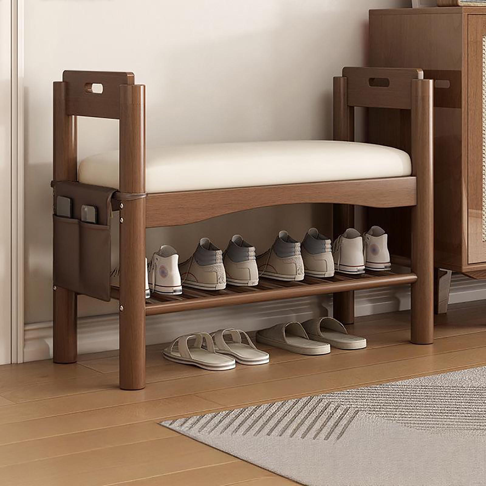 Banc à chaussures en bois massif et assise confortable meuble marron