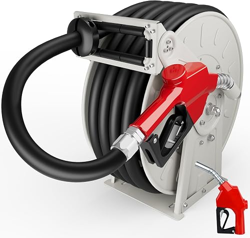 1" x 50ft Fuel Hose Reel Grey, 300PSI Diesel Fuel Transfer Hose Working with 12V Pump & Tank, 1 Inch Retractable Hose Reel with Fuel Nozzle, Manual Reel for Boat Def Fluid Truck Bed Trailer Cart
