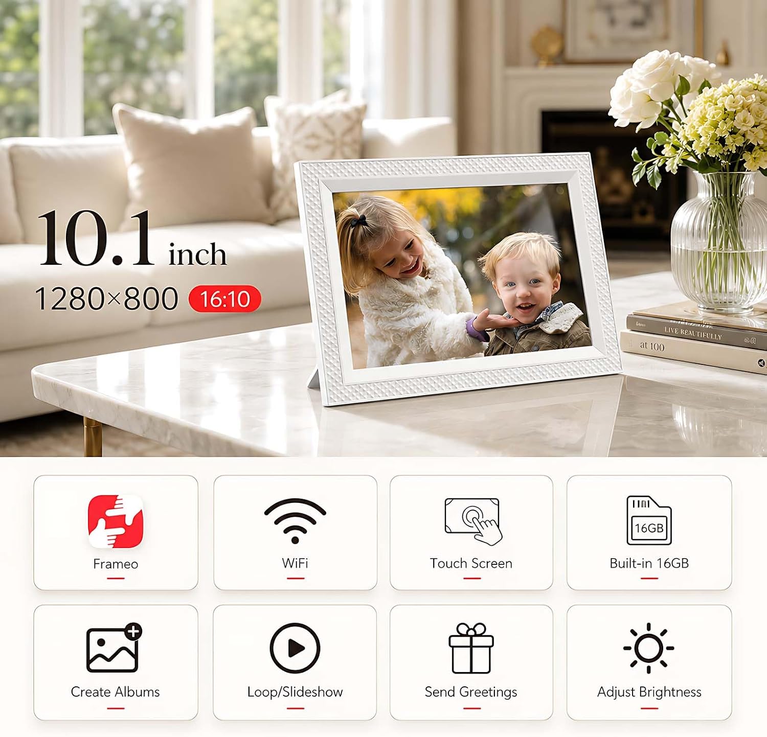 Frameo Digital Picture Frame 10.1" Digital Calendar 2-in-1|WiFi Smart Photo Frame16GB with 1280x800 HD Touchscreen|Sync Family Calendars Planner|Share Photos/Videos from Phone|Gifts for Mom Parents