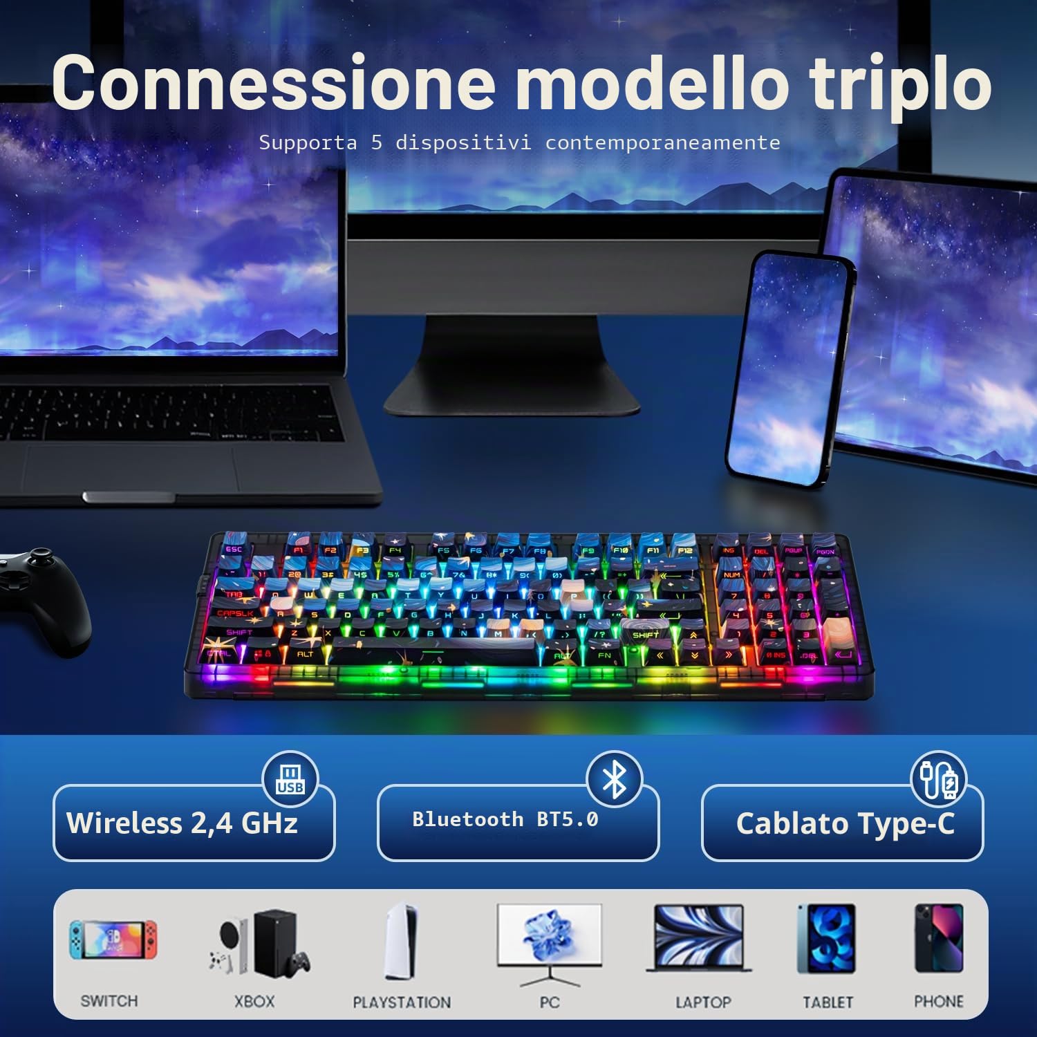 ZORNHER Tastiera meccanica ZH980,Tastiera cremosa blu al 95% con tastierino numerico,Tasti PBT a sublimazione della tintura di notte stellata di,Interruttori lineari dal suono cremoso