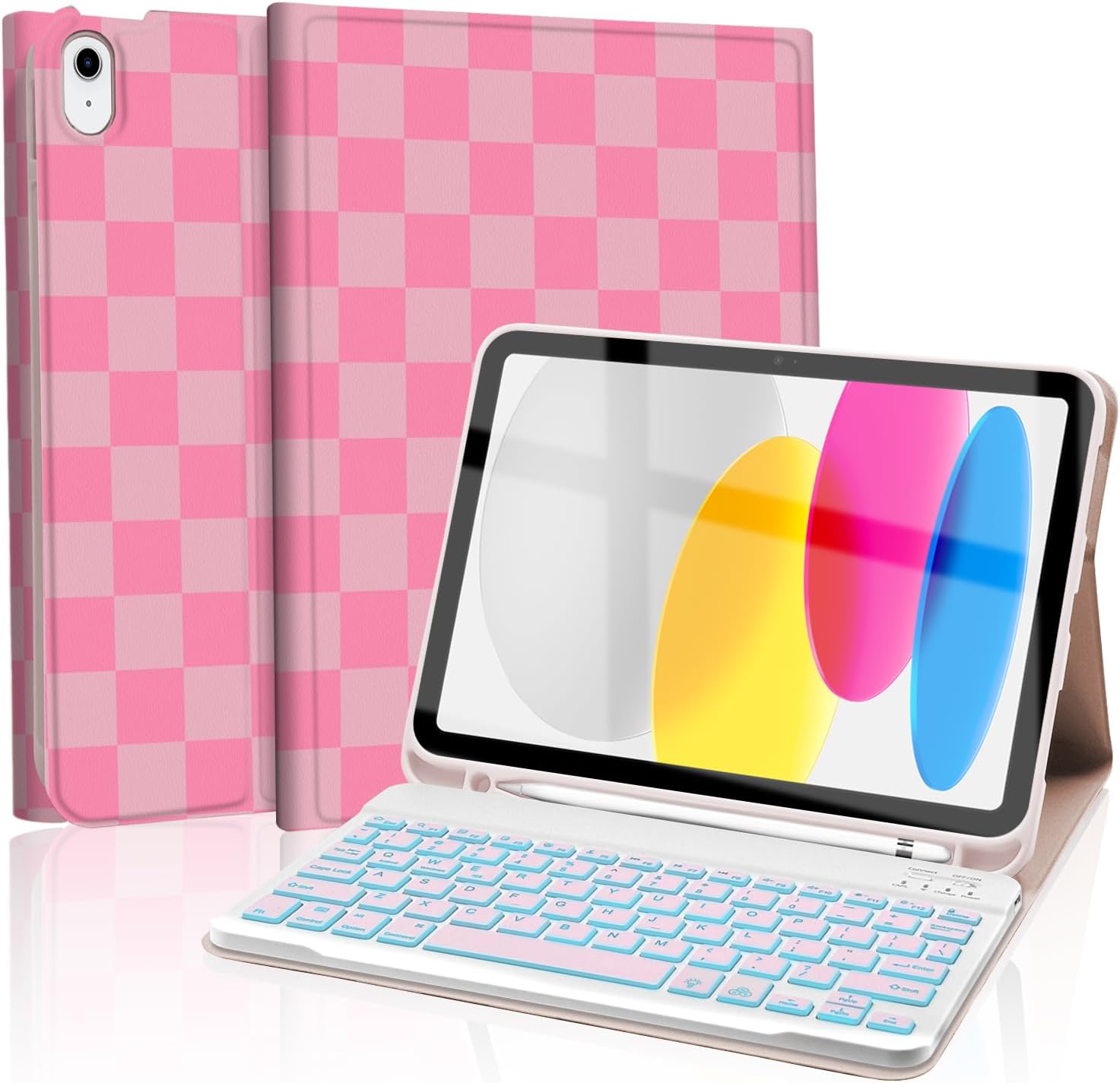 for iPad 11th 10th Generation Case with Keyboard, Backlights LED Wireless Keyboard Cover with Pencil Holder for 11th A16 11-inch 2025，10th Gen 10.9 Inch 2022, Checkered Plaid Pink-HotPink