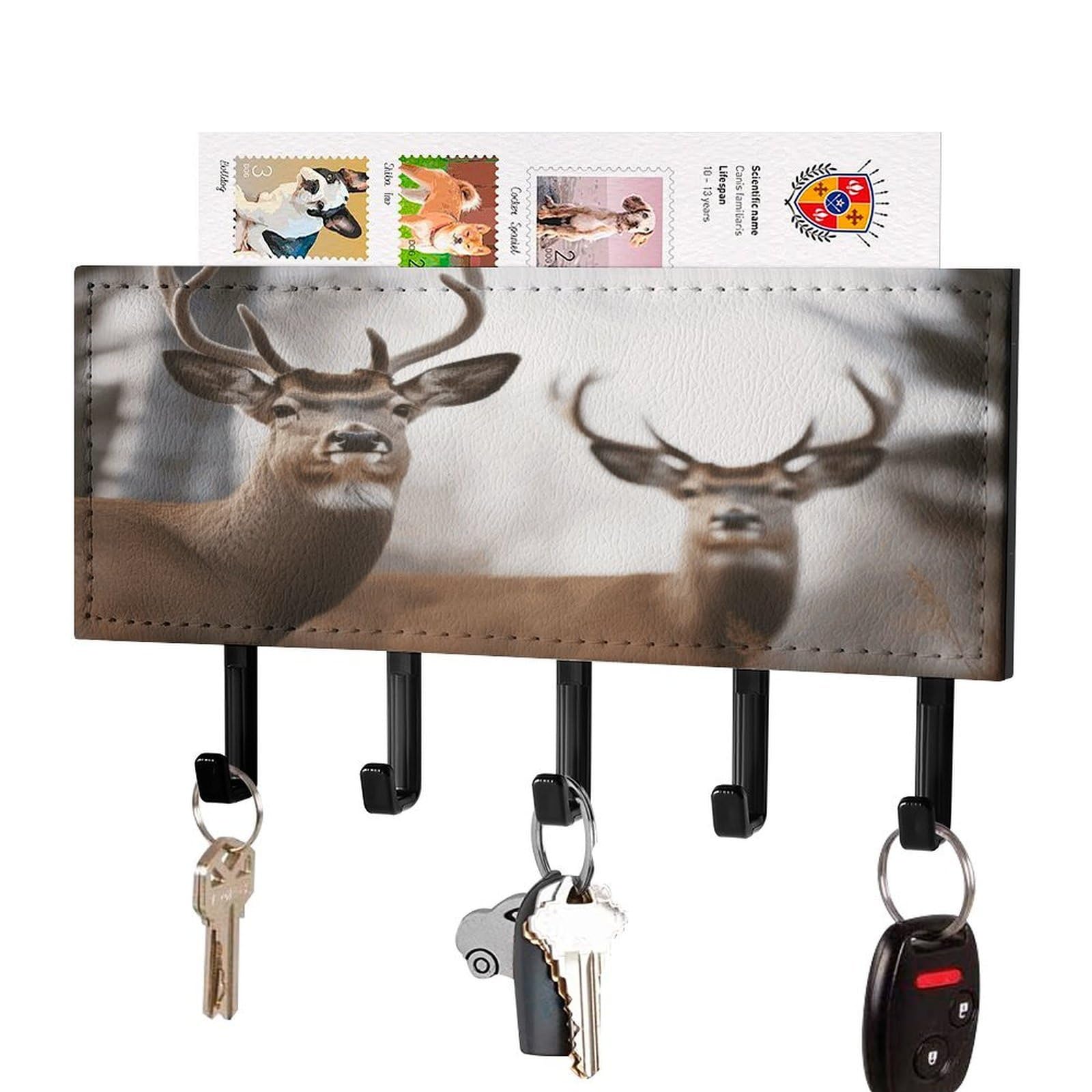 FekiLoot Deer Key Holder Wall Mount Key and Mail Holder Key Hanger with 5 Hooks Decorative PU Key Rack Hanging Key Hooks for Wall Living Room Kitchen Bathroom Hallway Black-Style