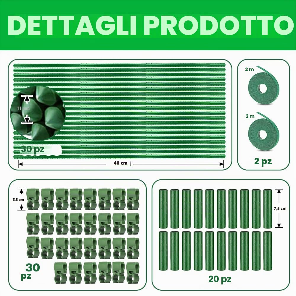 30 aste per piante rampicanti, in acciaio inox rivestito in plastica, 40 cm, con 20 connettori, 30 clip multifunzione e 2 legamenti per piante, supporto per piselli, cetrioli, pomodori