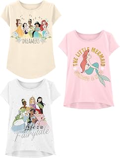 Princess Girls T-Shirt (3-Pack) Jasmine, Ariel, Tiana, Snow White, Belle, Rapunzel, Cinderella, Mulan, Aurora, Moana