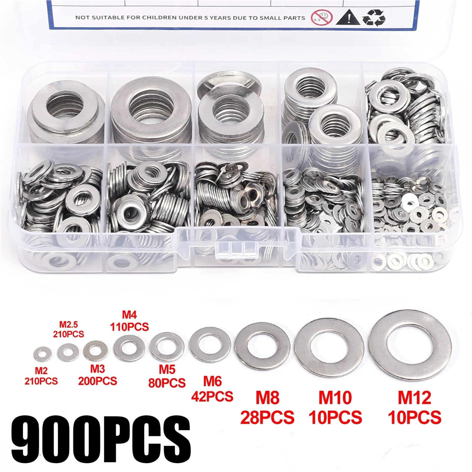 360/580/684/900/1080-teiliges Edelstahl-Unterlegscheiben-Set M2-M16 Metallschraubenbolzen O-Ring-Dichtungsscheiben Einfache Dichtungen FüR Schrauben(900Pcs with box)
