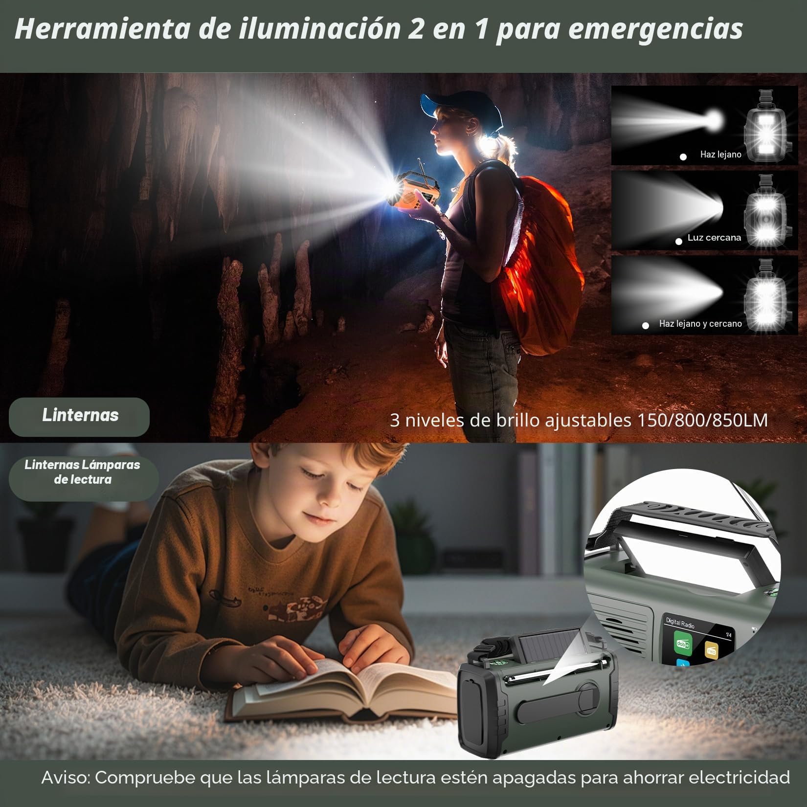 20000 mAh Radio Solar de Emergencia con Manivela Dab+ FM, Portatil Radios Dinamo Bluetooth con Despertador, Alarma de Emergencia SOS, Linterna y Luz De Lectura (Verde)