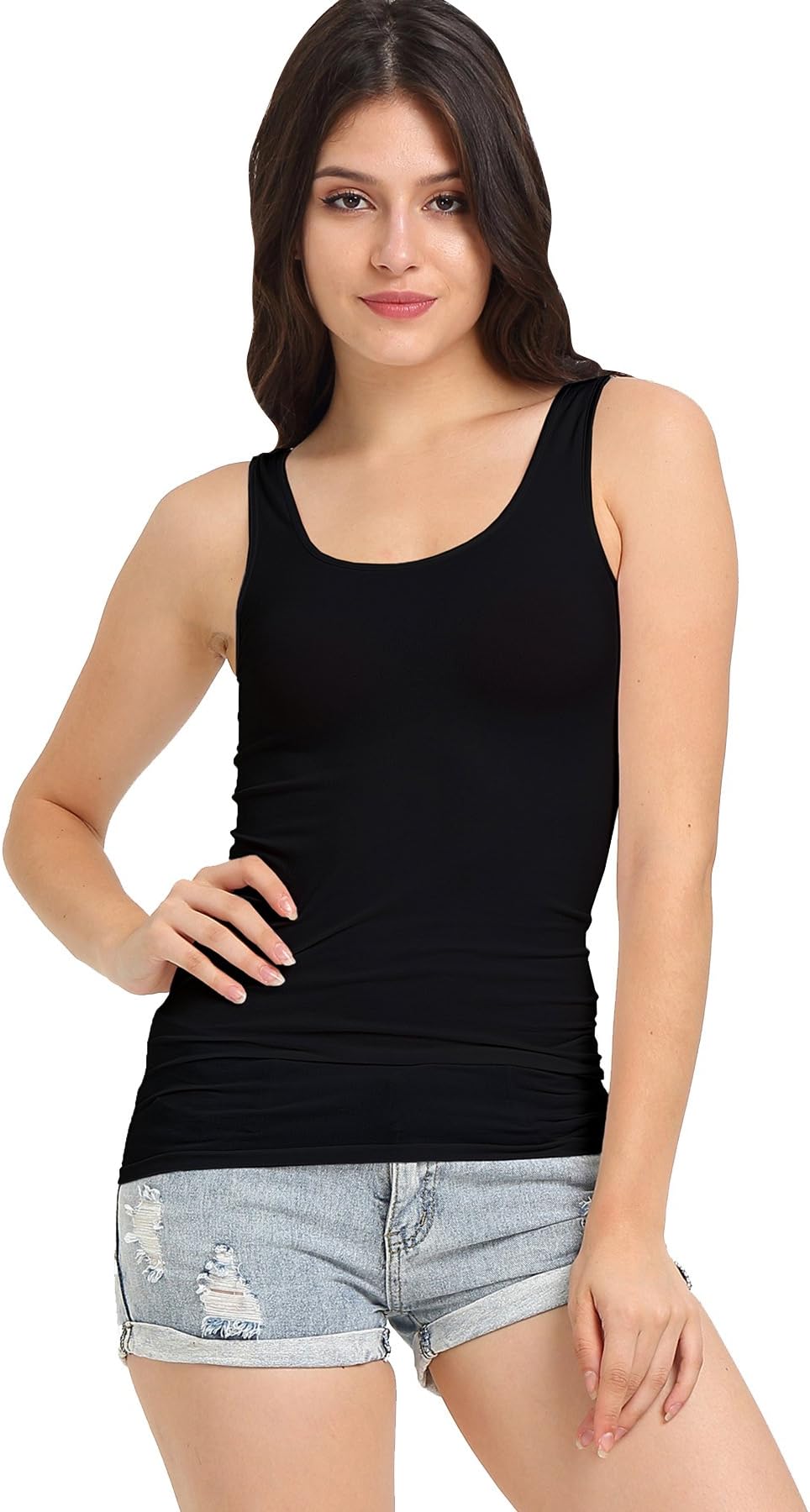 SATINATO Women's Seamless Stretchy Soft Camisole (Black Tank Top, XL)